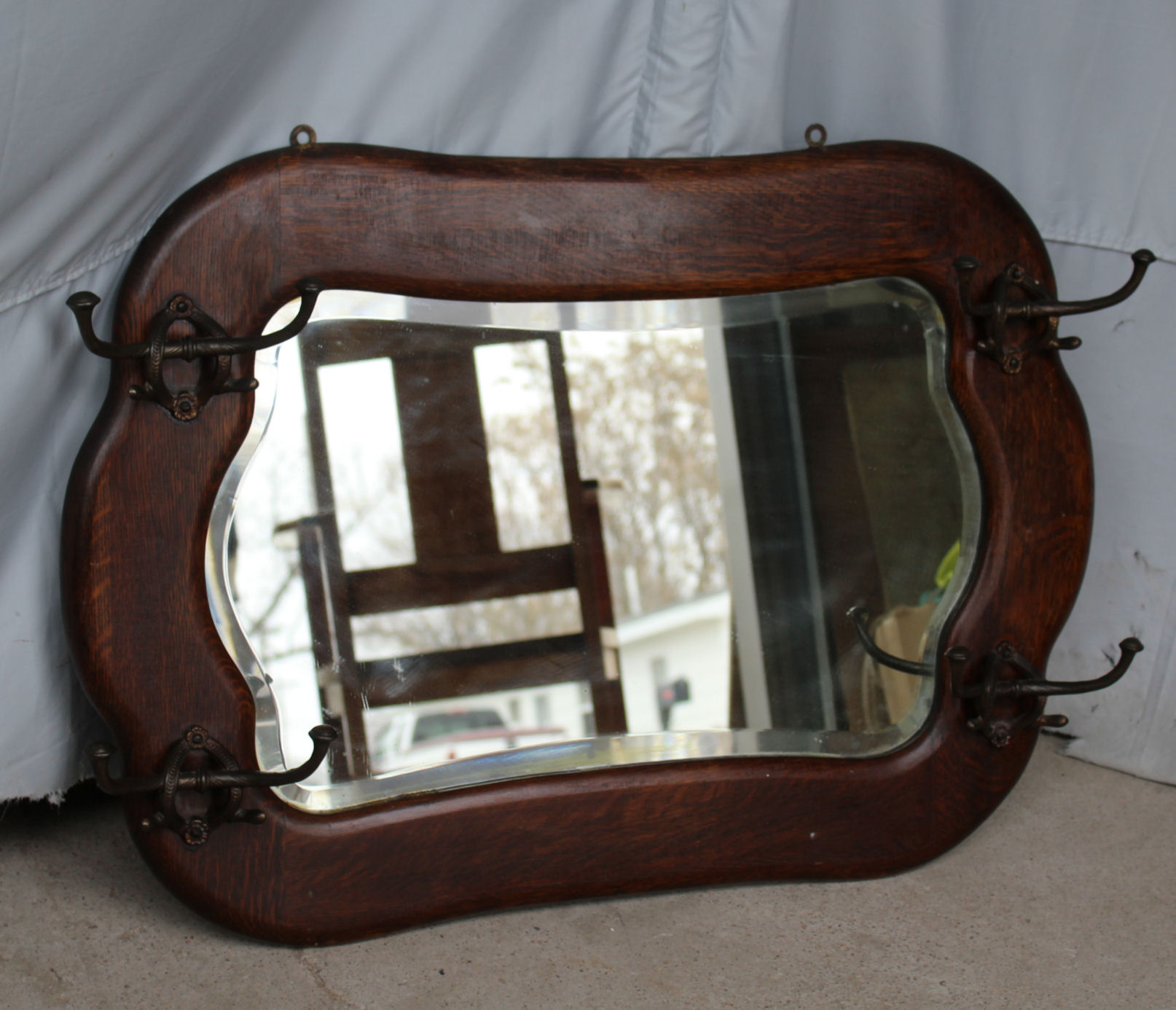 Bargain John's Antiques Antique Oak Framed Mirror with hat hooks