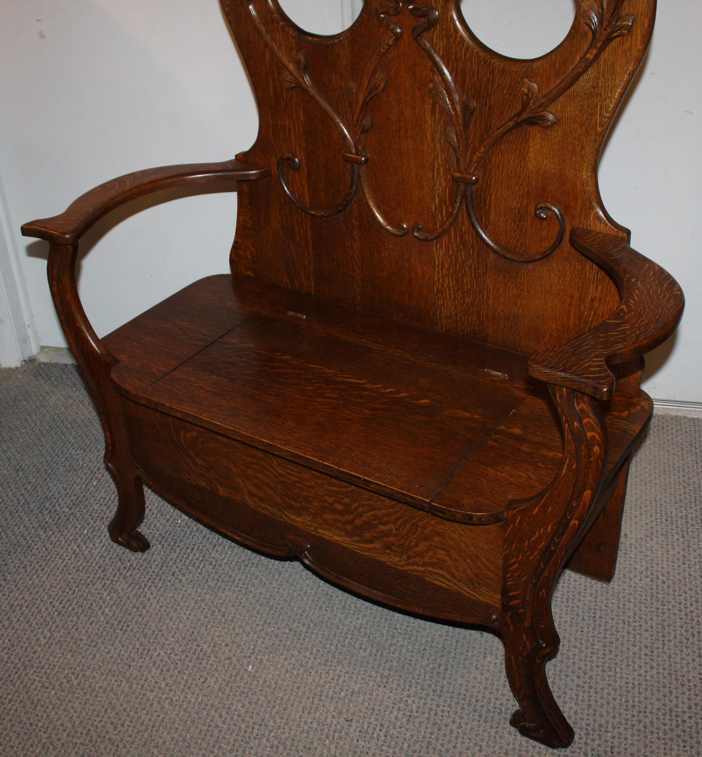 Bargain John's Antiques Antique Oak Hall Seat Mirror, Hooks, and