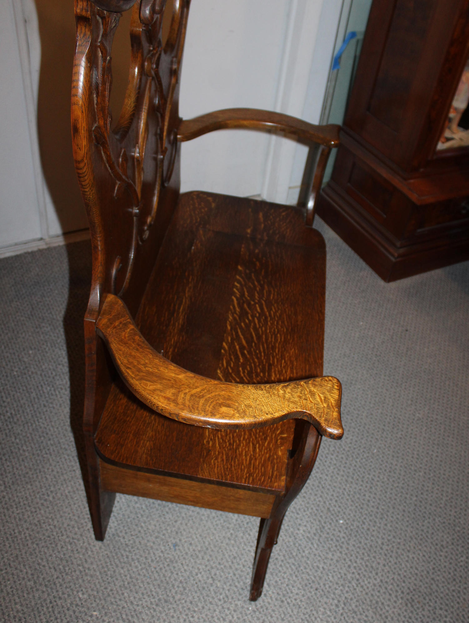 Bargain John's Antiques Antique Oak Hall Seat Mirror, Hooks, and