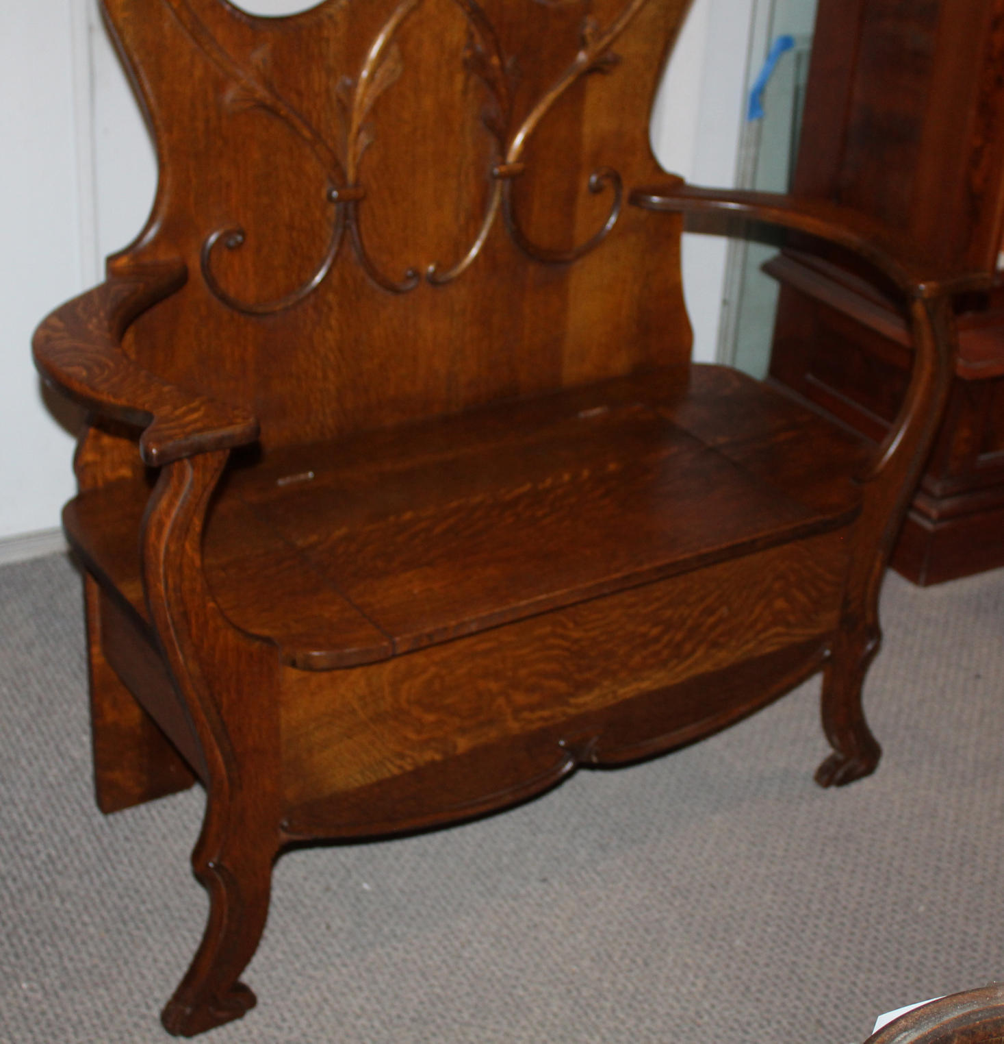 Bargain John's Antiques Antique Oak Hall Seat Mirror, Hooks, and