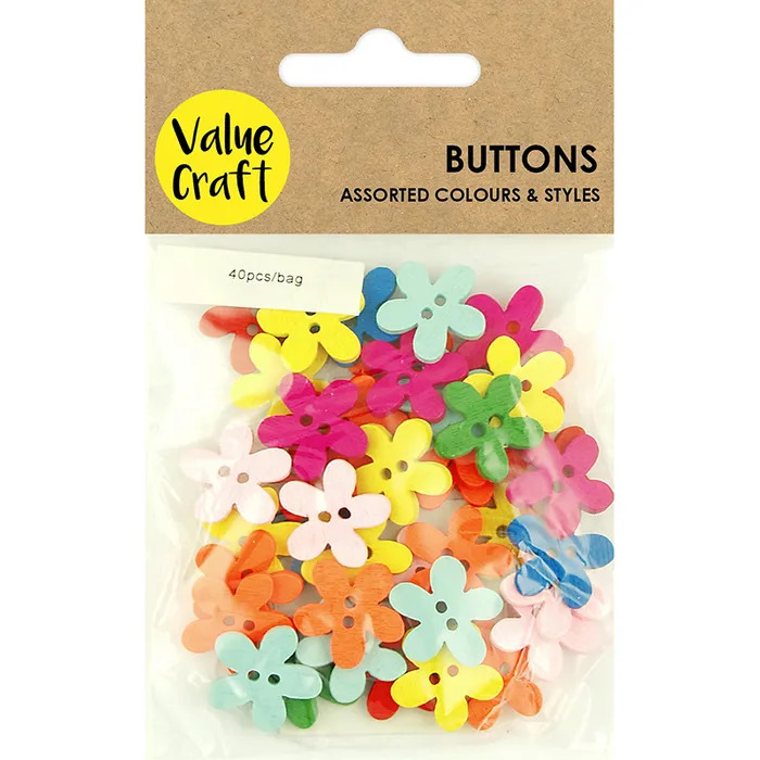 Buttons MDF Wooden 40pk Flowers Multi Colours Cheap Craft Supplies