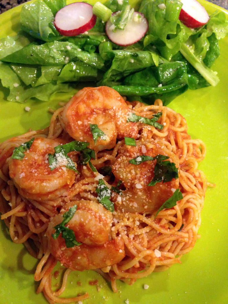 Spicy Garlic Shrimp Pasta w/Tomato Sauce Basil and Vine