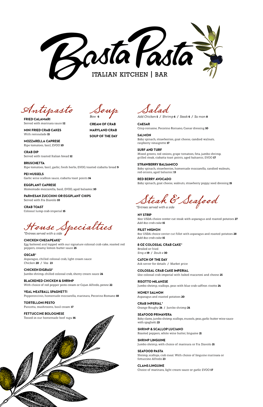 Dinner Menu for Basta Pasta in Perry Hall, MD Italian & Seafood Cuisine