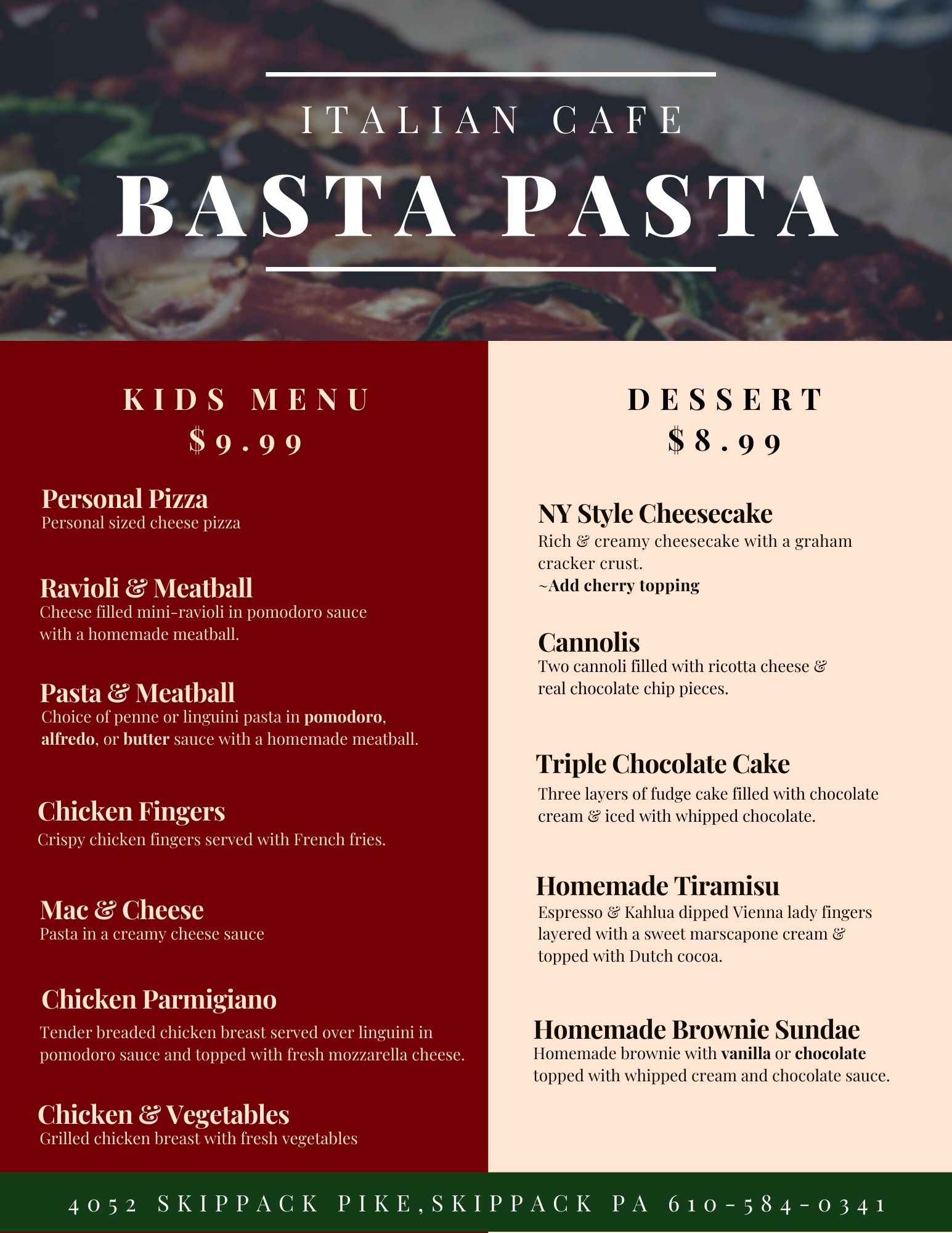 Restaurant Menu Basta Pasta