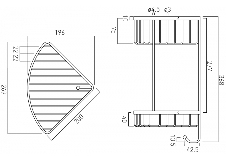 Vado Large Triangular Double Corner Shower Basket with Integral Hook