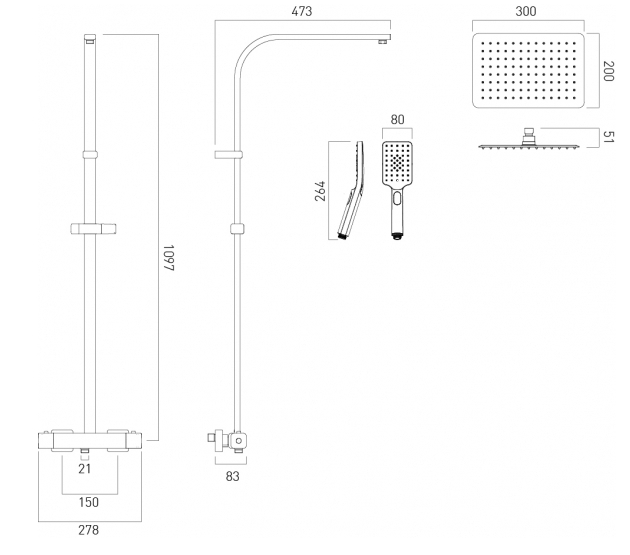 Vado Phase Rigid Riser Kit with Shower Valve, Shower Head and Handset