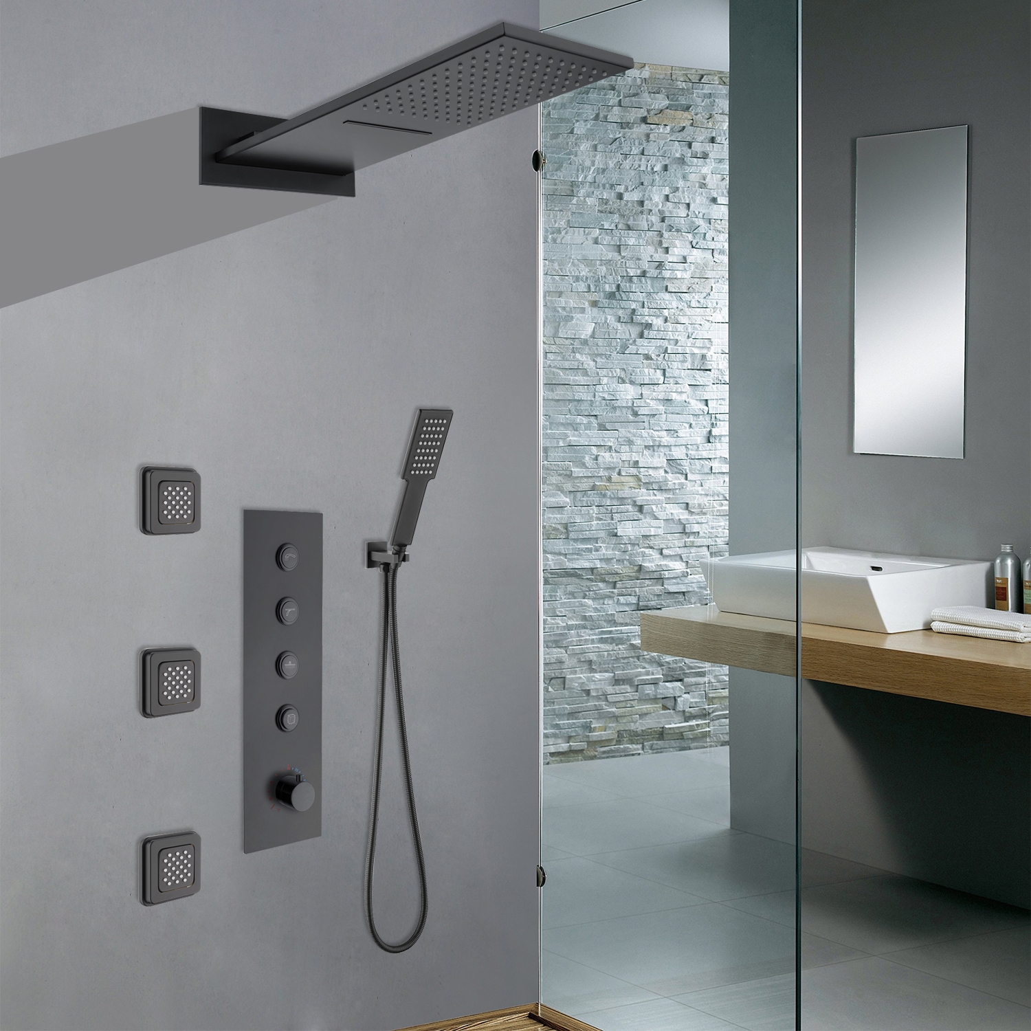 Browse Turin Matte Black 4 Functions Wall Mount Rainfall Waterfall
