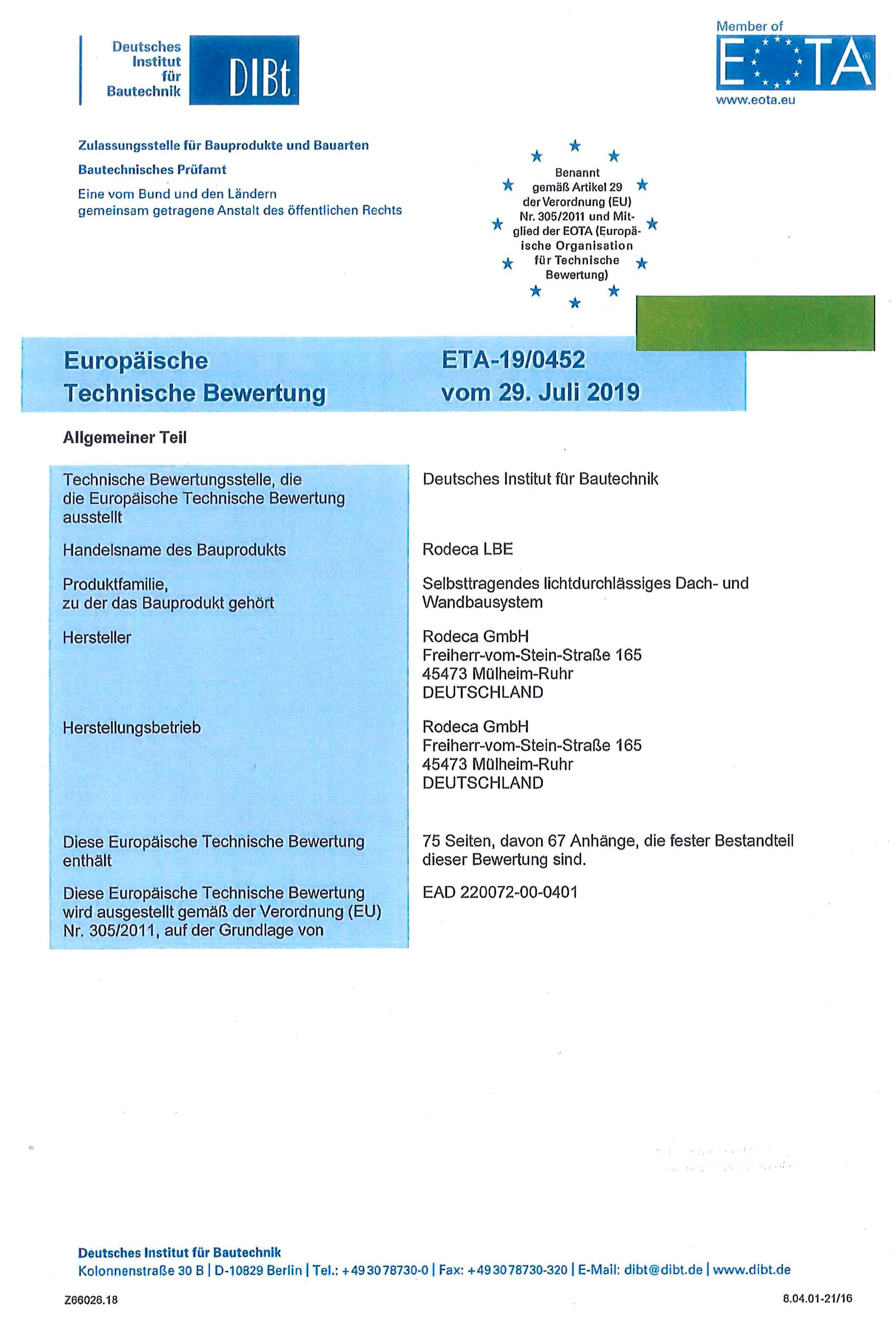 Pionierarbeit Europäische Technische Bewertung (ETA) für Wand und Dachsysteme aus Polycarbonat