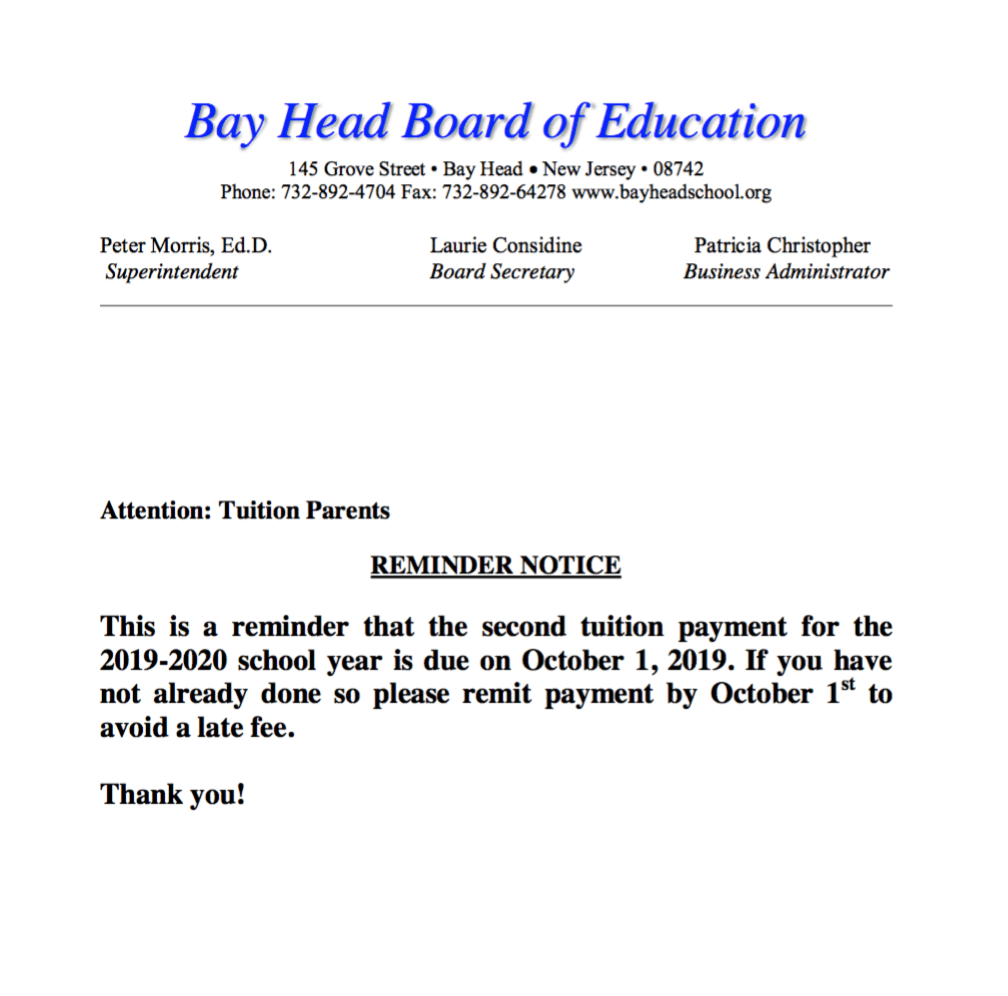 Reminder Notice for Tuition Payment Bay Head Elementary School