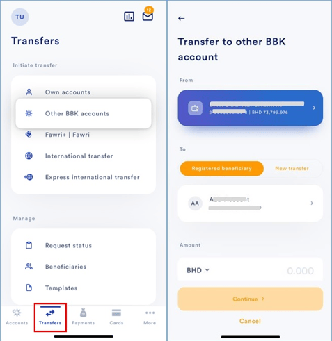 Transfer to other BBK accounts - Mobile Banking App | BBK