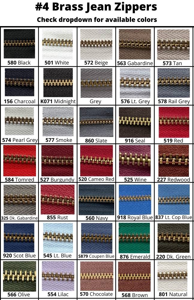 4 Brass Jean Zippers 9" B. Black & Sons Fabrics The Finest