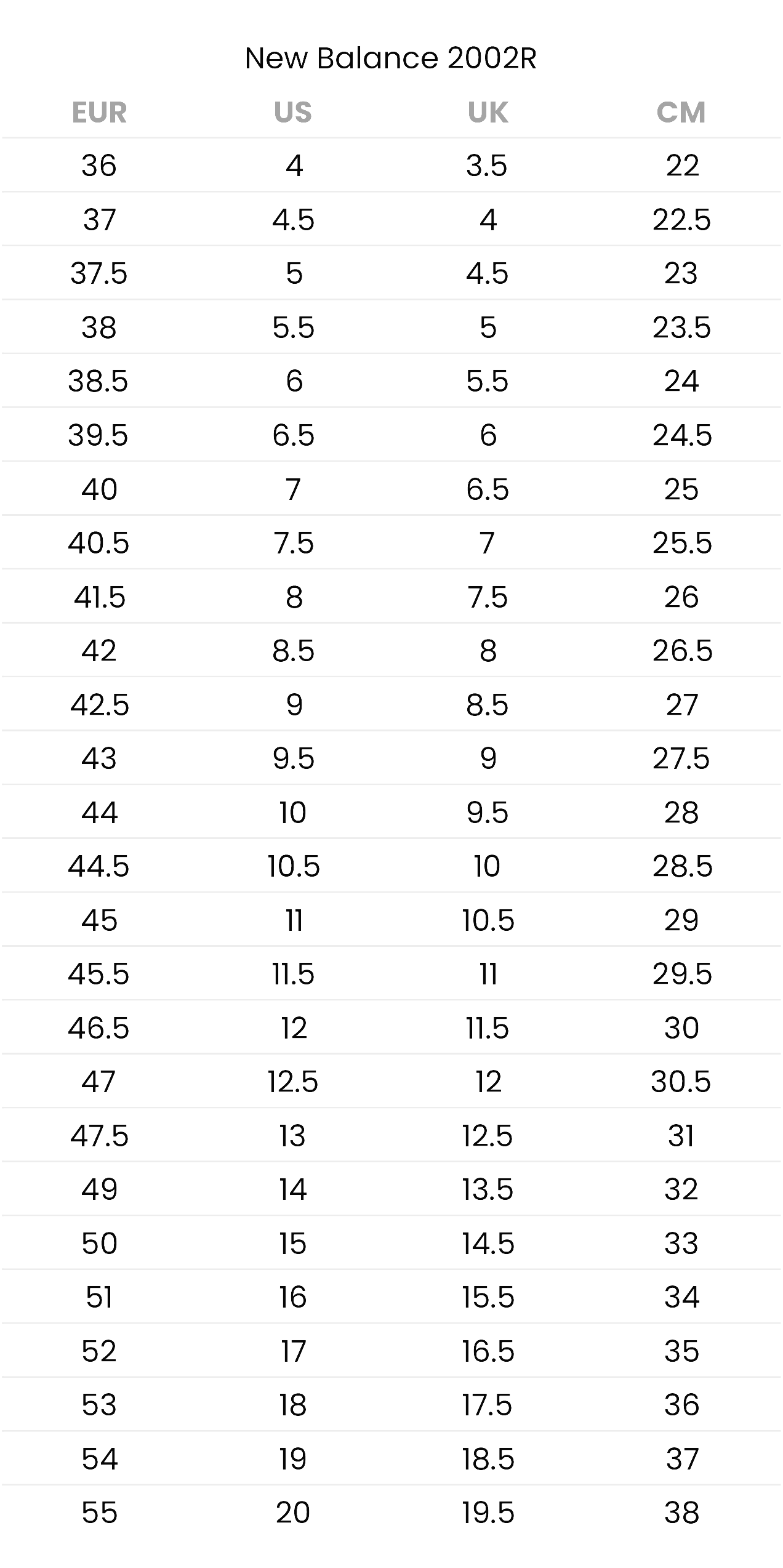 Size Chart - New Balance 2002R - BBNSUPPLY