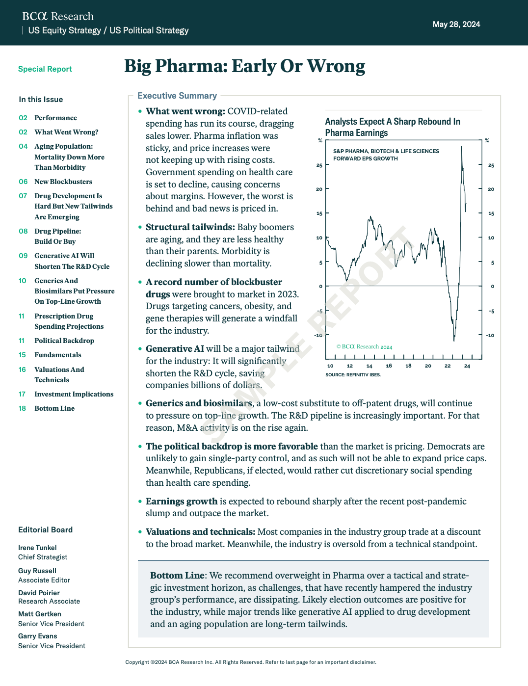 BCA report "Big Pharma Early Or Wrong," covering Pharma tactical and