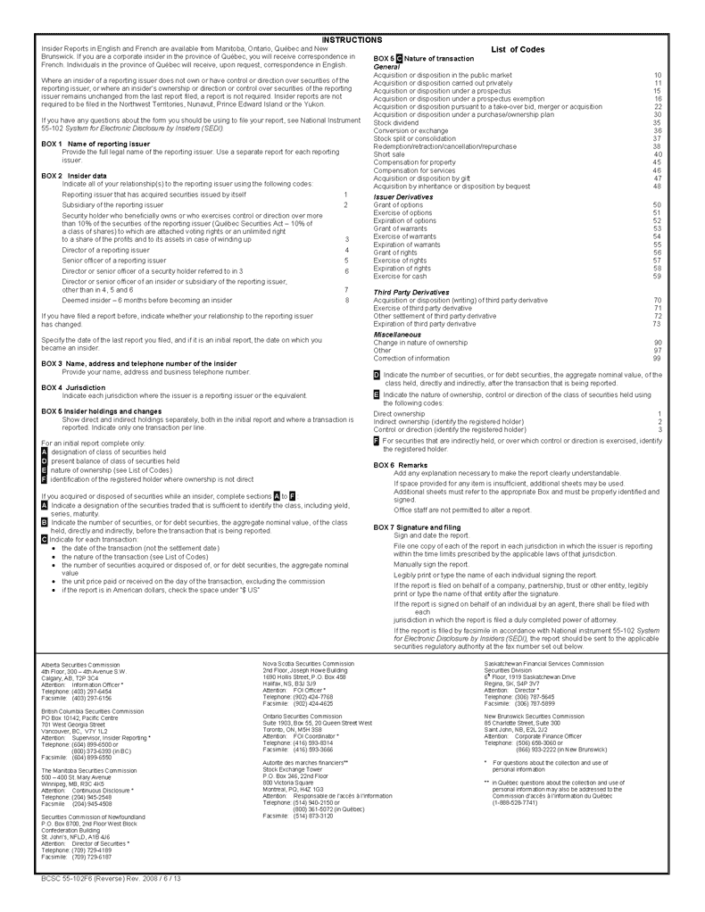 National Instrument 55102 System for Electronic Disclosure By Insiders