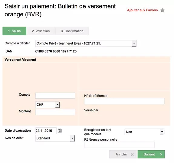 Bulletin de versement orange Banque Cantonale Neuchâteloise