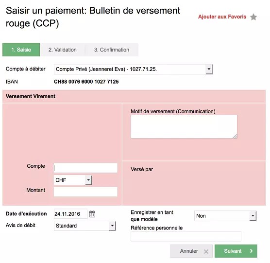 Bulletin de versement rouge Banque Cantonale Neuchâteloise