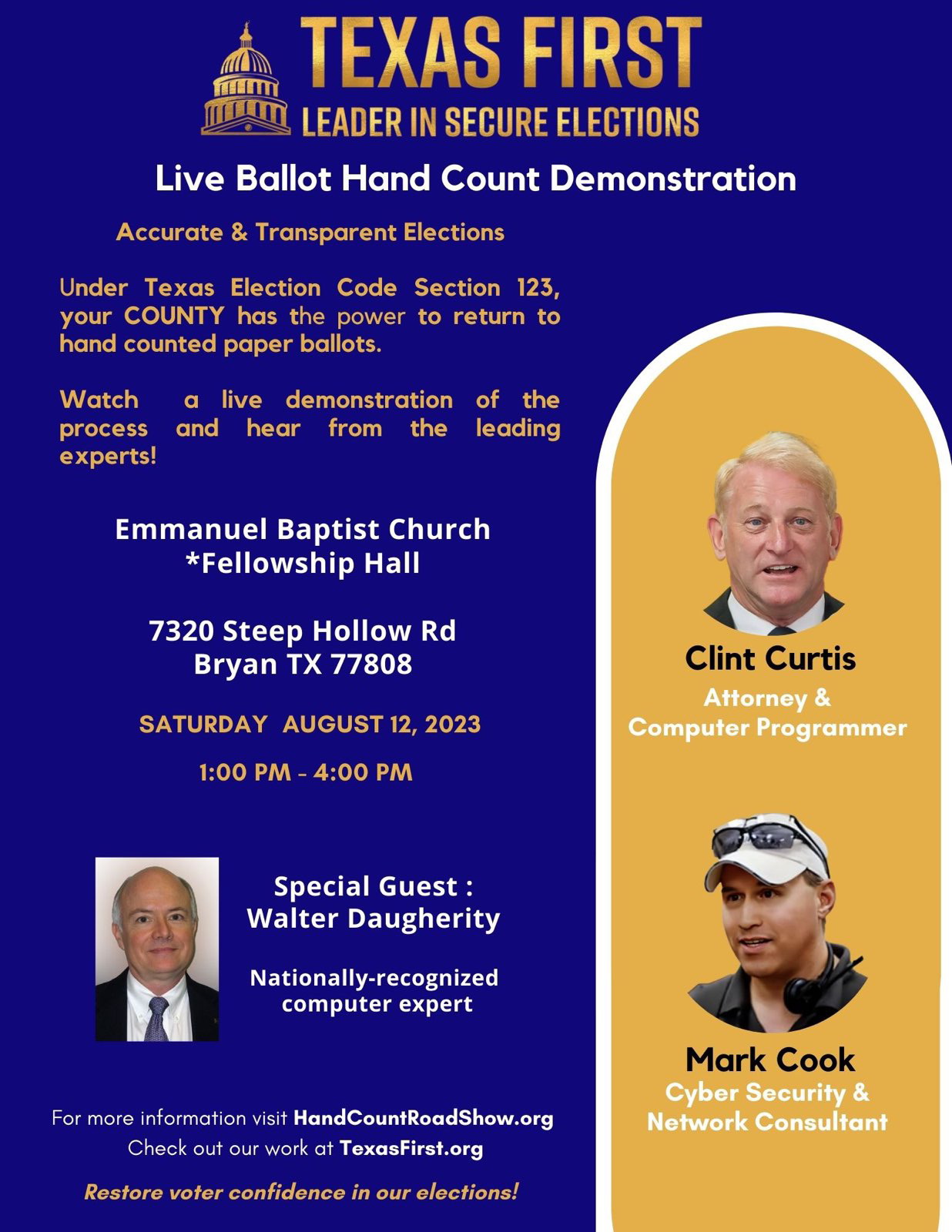Hand Count Road Show Aug. 12 LINKS/VIDEOS ADDED Bryan/College