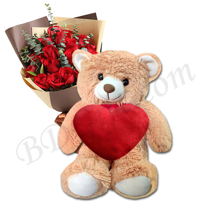 Send Teddy Bear with red heart & 1 dozen red roses to Bangladesh