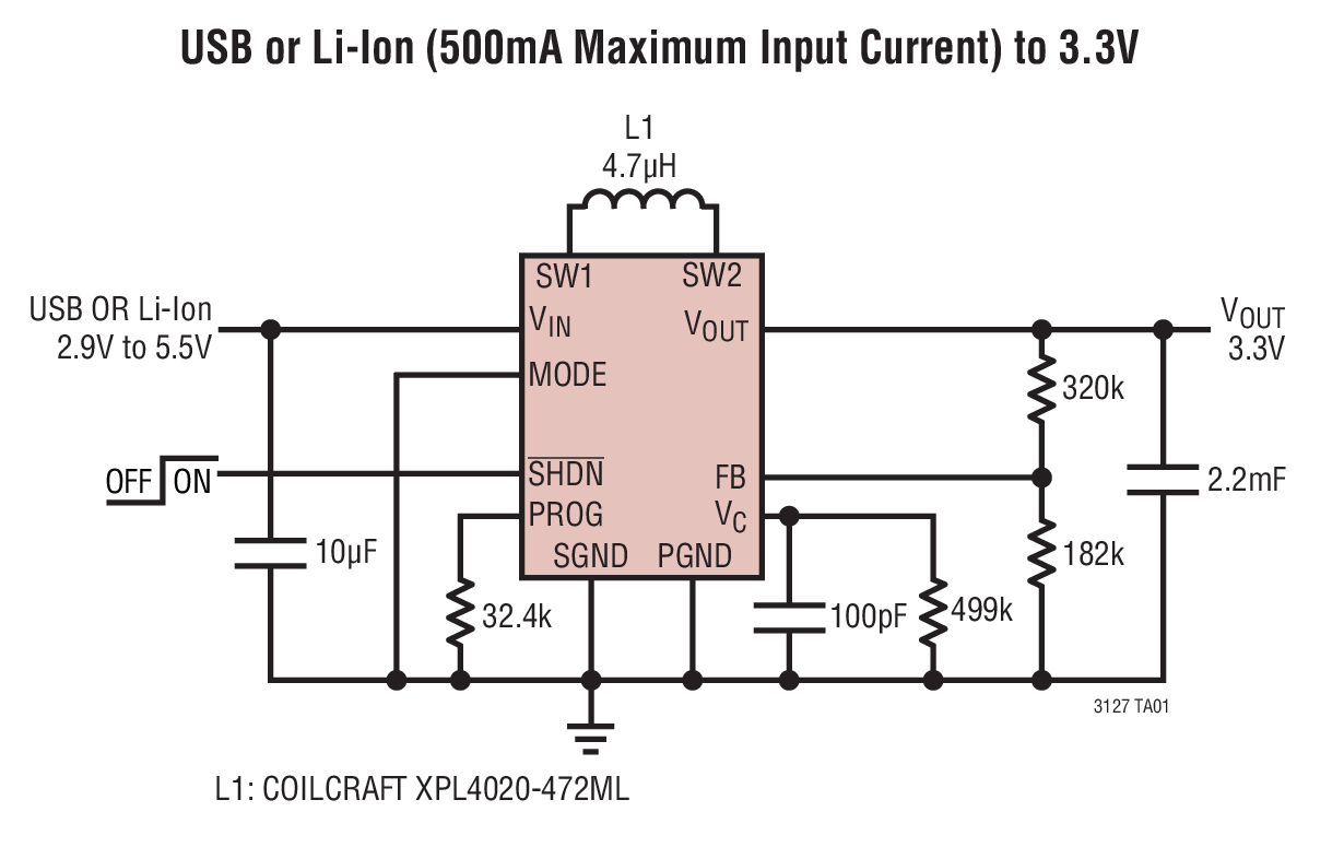 LTC3127 1A BuckBoost DC/DC Converter with Programmable Input Current
