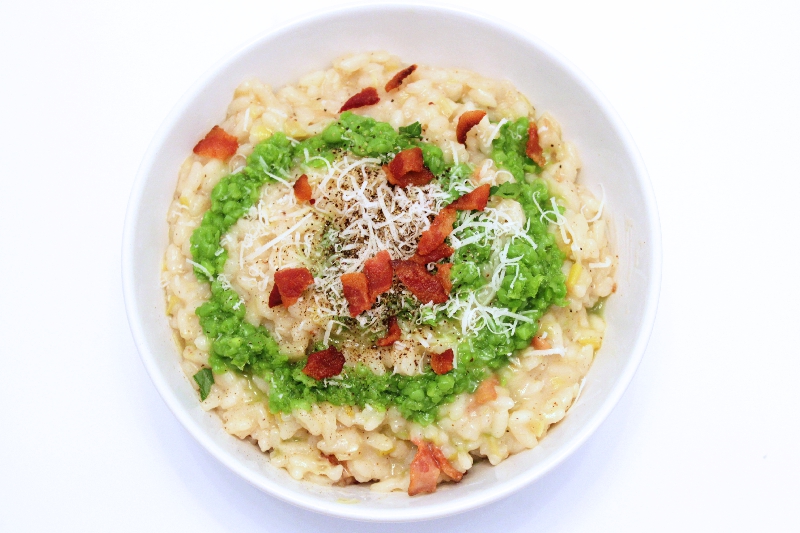 Spring Risotto with Bacon, Leeks, & Pea Puree
