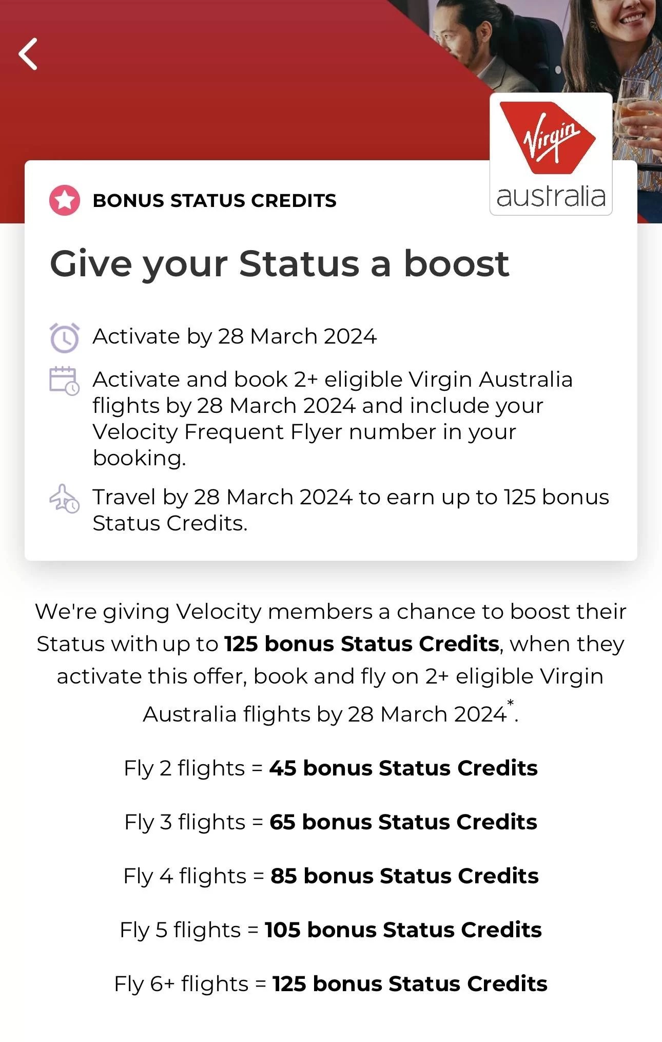 Boost Up to 125 Bonus Status Credits with Velocity Frequent Flyer