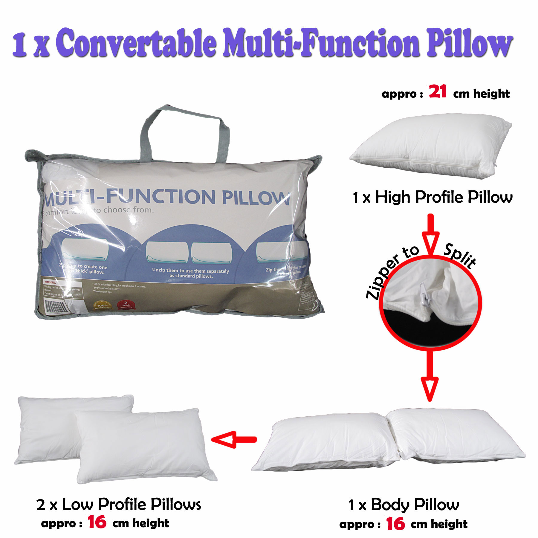 Convertible MultiFunction Standard Pillow Firm > Low > Body Pillow