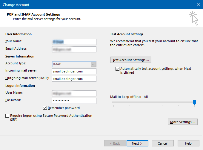 Email Support Outlook Settings Bedinger Group, Inc.  Development, Hosting and Email