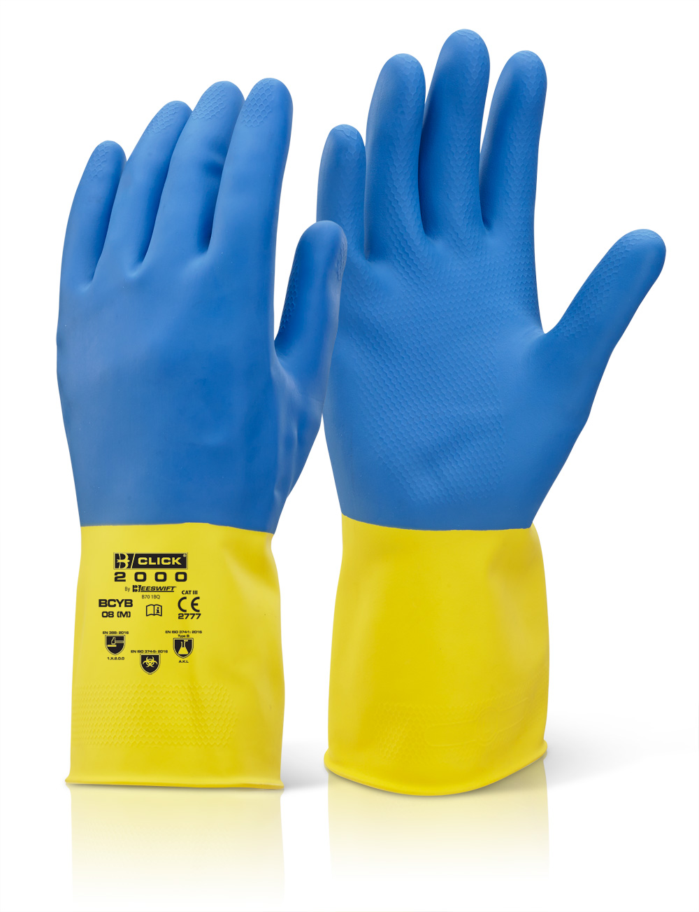 Chemical Resistant Gloves Gauntlets Yellow/Blue BiColour Rubber Latex