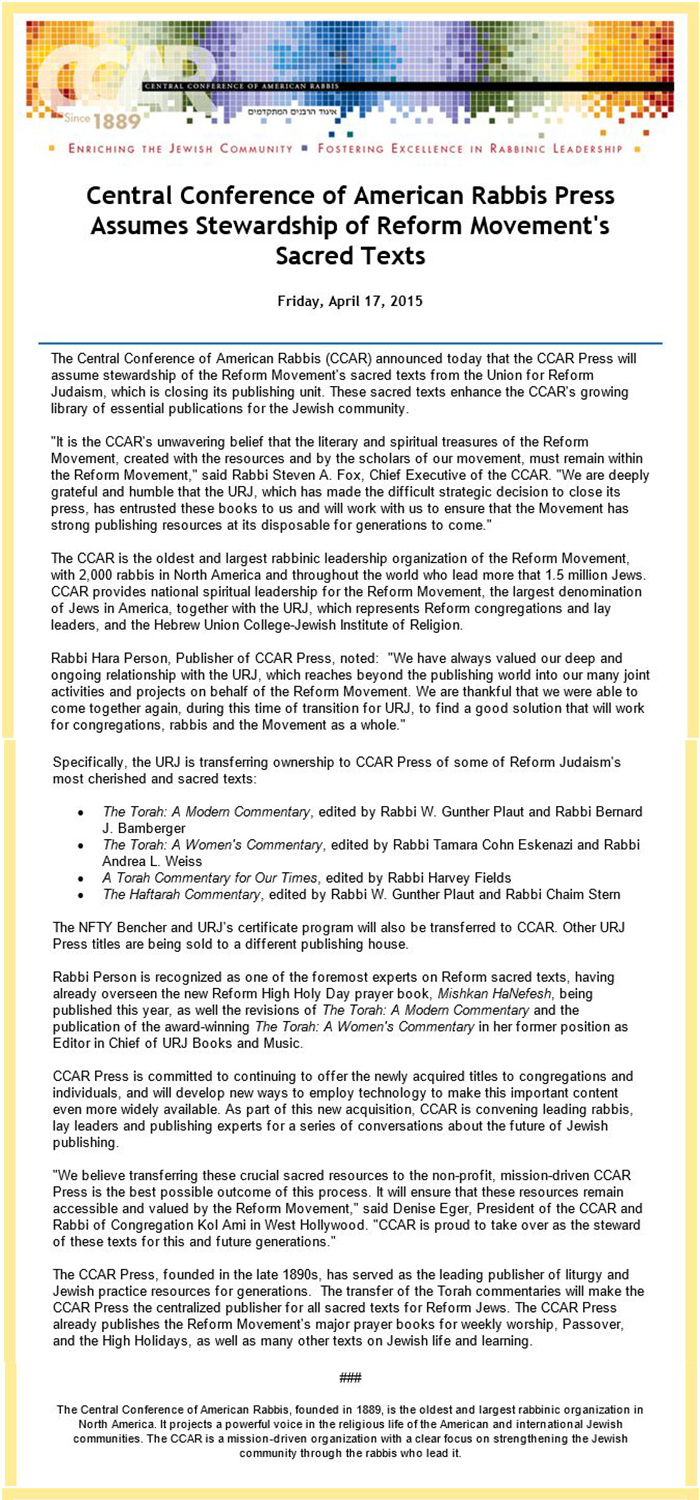 CCAR Press Release Behrman House Publishing