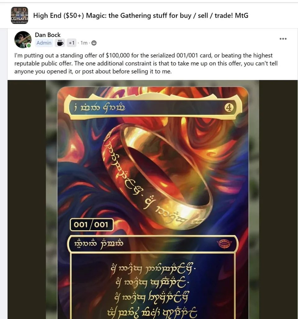 MTG Collector Acknowledges The One Ring Must Be Destroyed 50K Bounty