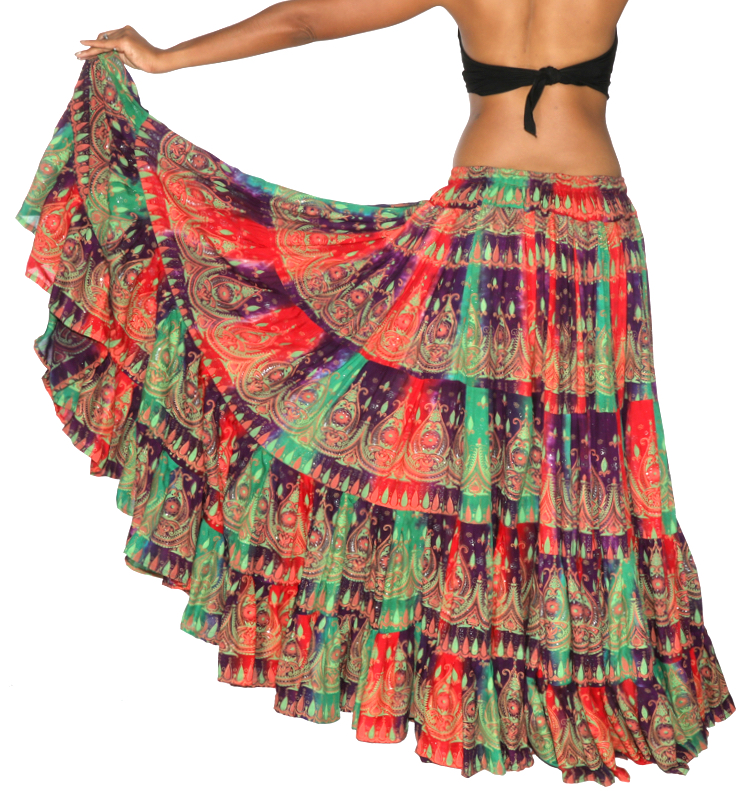 25 Yard Tie Dye Cotton Dance Skirt in Green, Red, Purple