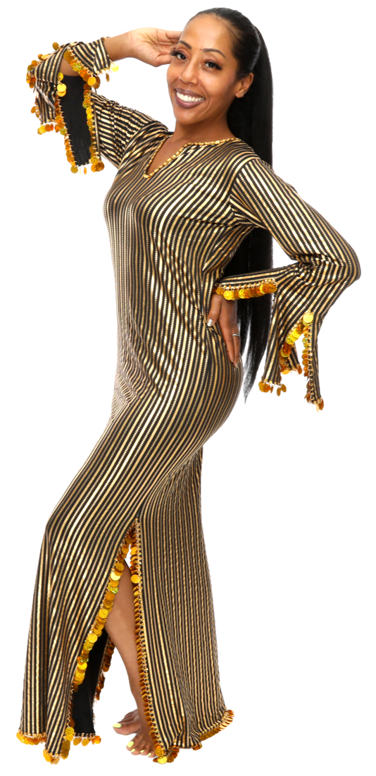 Black and Gold Egyptian Striped Beaded Saidi Dress