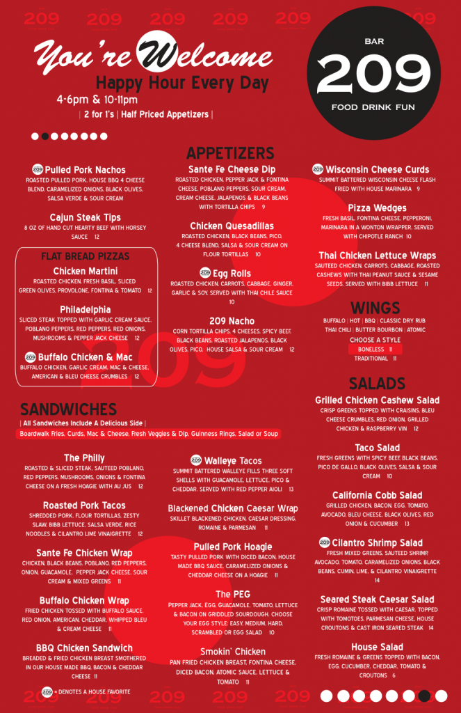 Bar 209 Bemidji Menus