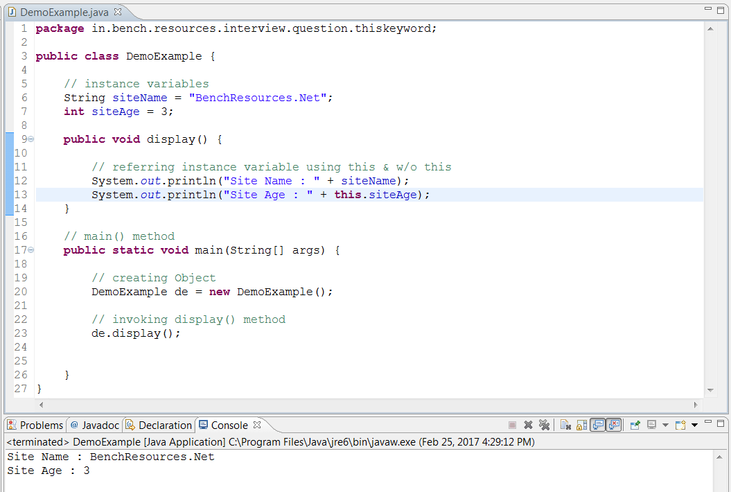 Interview question and answer on this keyword in Java