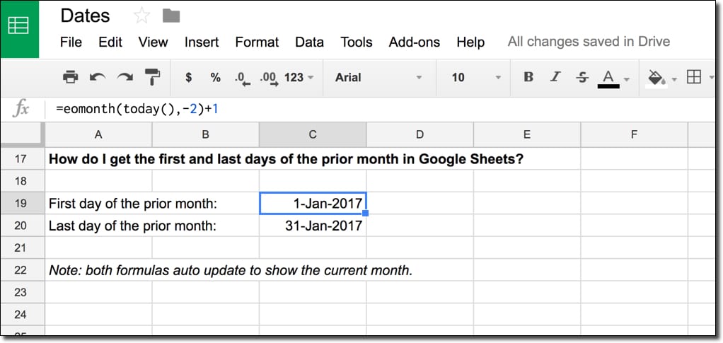 How do I get the first and last days of the prior month in Google