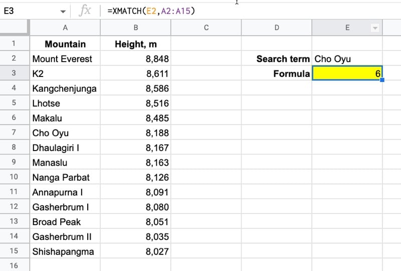 XMATCH Function in Google Sheets