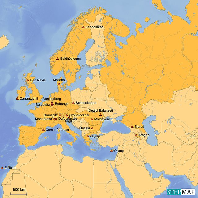 Europakarte Mit Bergen höchste Berge EU