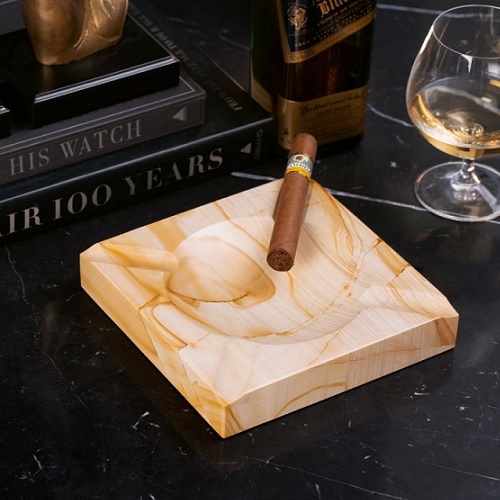 Bey Berk Square Marble Cigar Ashtray Natural Berings