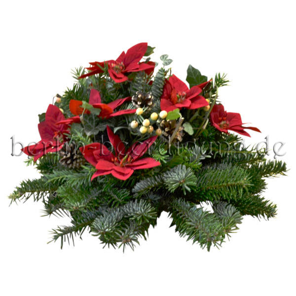 Winterliches Grabgesteck rund mit rotem Weihnachtsstern