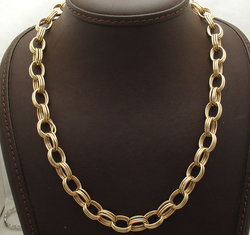 18" 9mm All Shiny Triple Oval Rolo Link Chain Necklace Real 14K Yellow