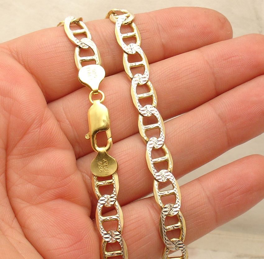Men's 8mm Pave Mariner Gucci Link Chain Necklace Real Solid TwoTone