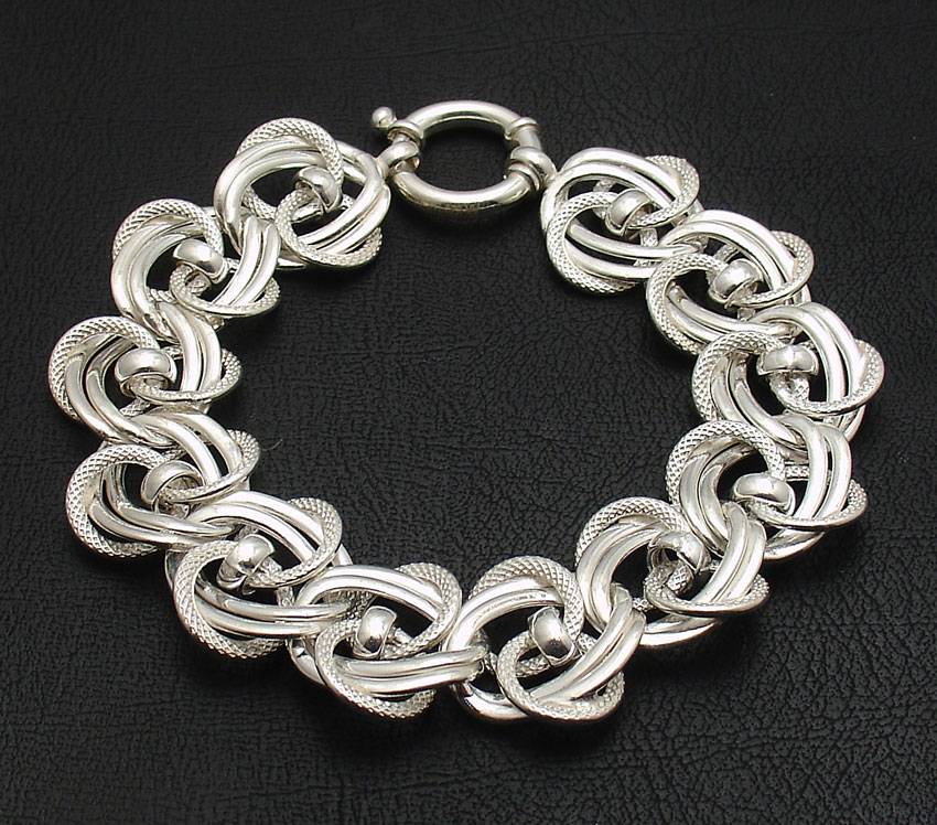 Textured Circle Double Curb Chain Bracelet Real 925 Sterling Silver eBay
