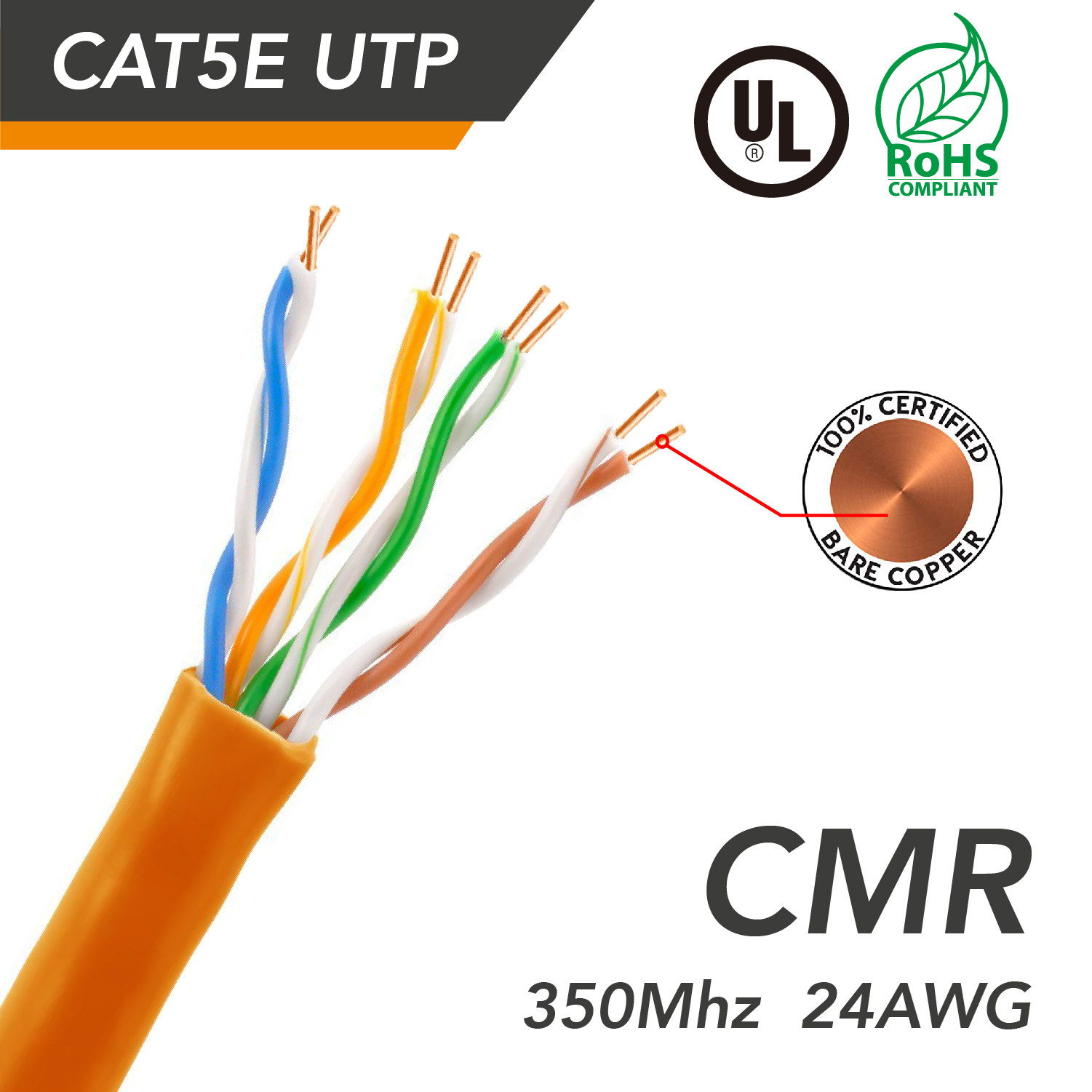 1000ft Cat.5e UTP 24AWG Solid CMR Bulk Cable Orange, UL Listed