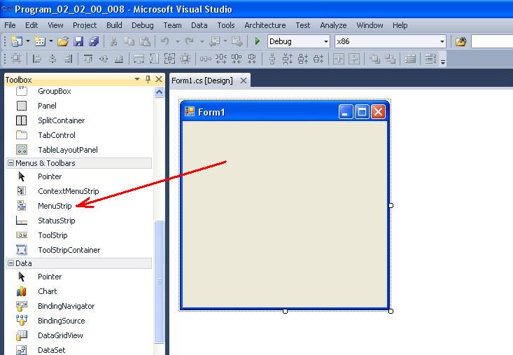 C. Windows Forms. An example of creating a menu. Control MenuStrip BestProg