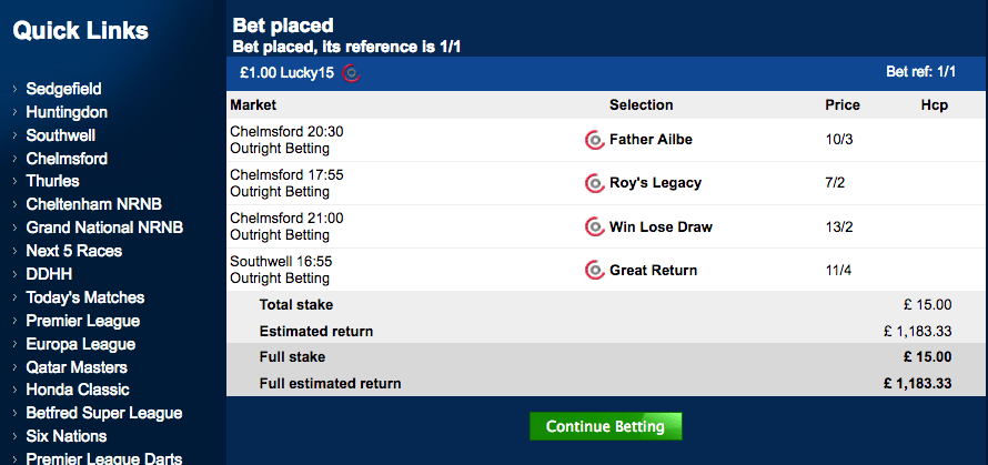Todays best lucky 15, 22nd Feb 2018 Betsharks