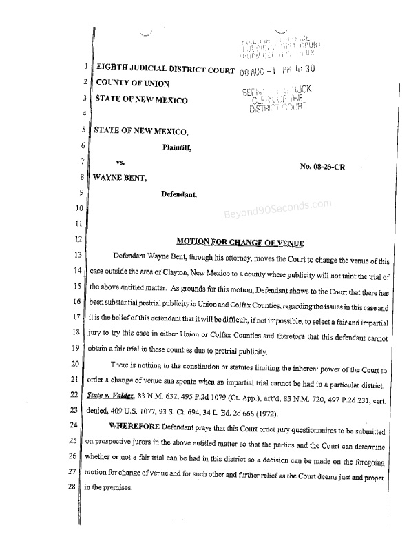 Bent wants trial moved to Taos County Beyond 90 Seconds