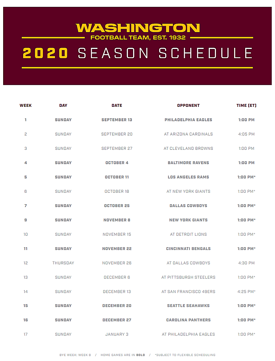 2020 WFT Schedule Burgundy and Gold Obsession