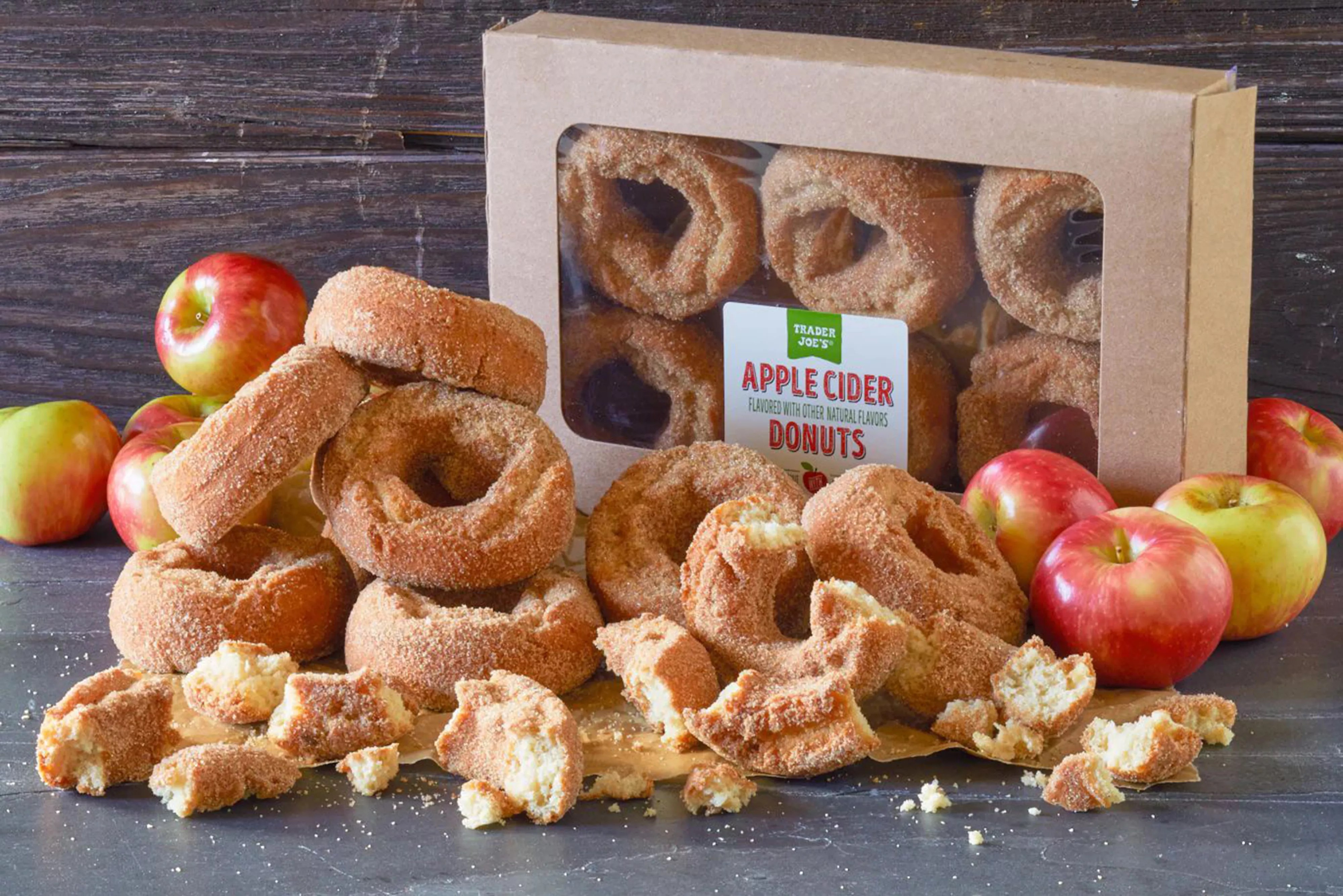 trader joe&rsquo;s apple cider donuts box and donuts crumbled up