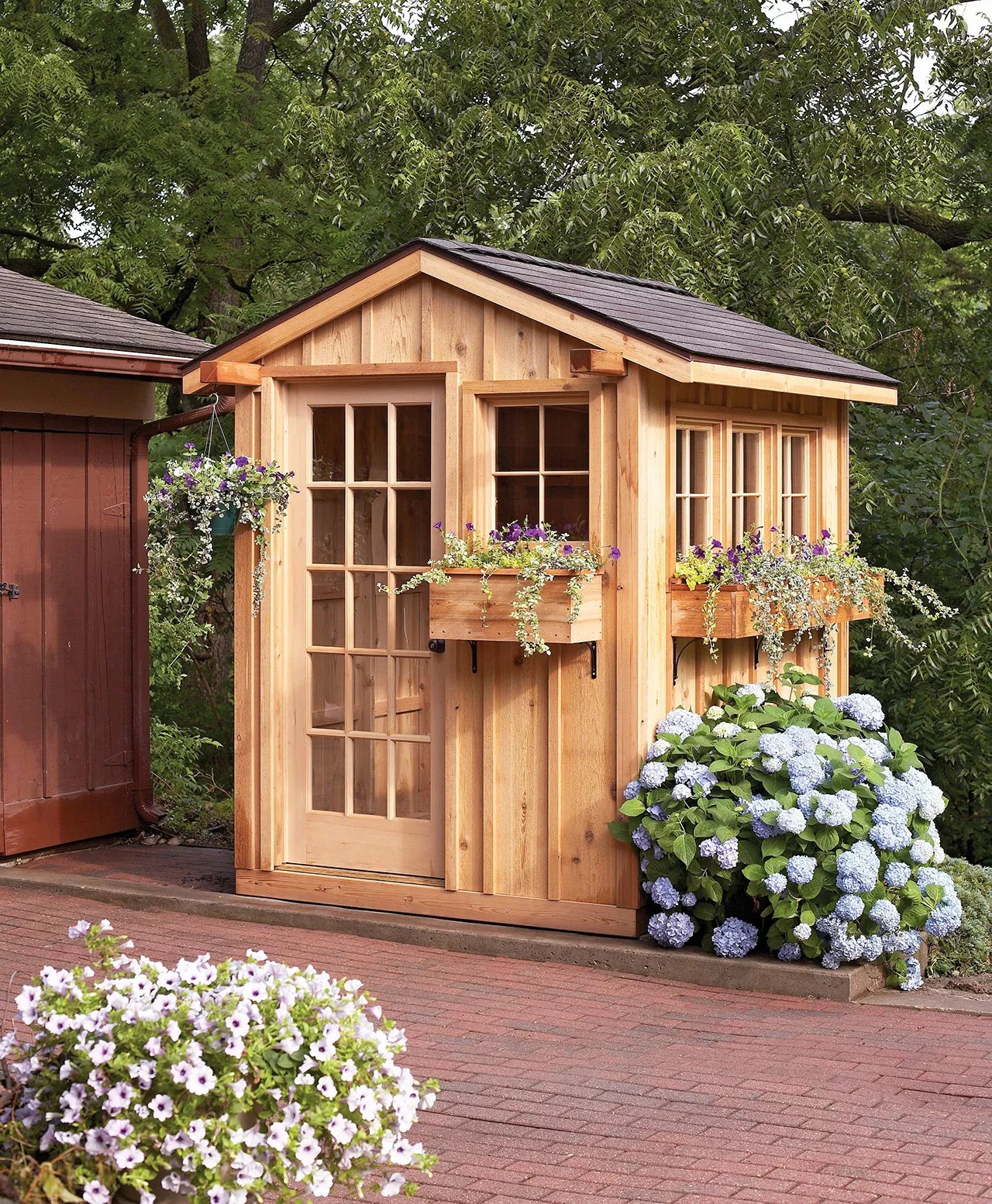 unpainted garden shed with window boxes
