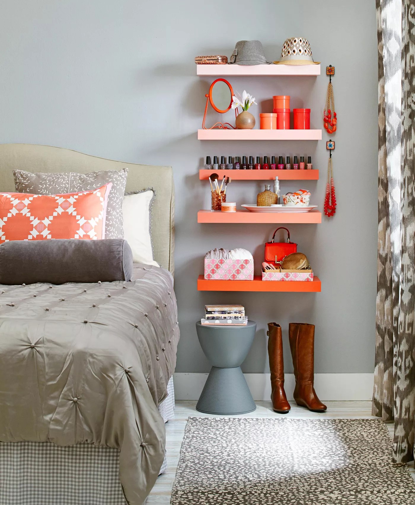 bedside gradient orange colored floating shelves